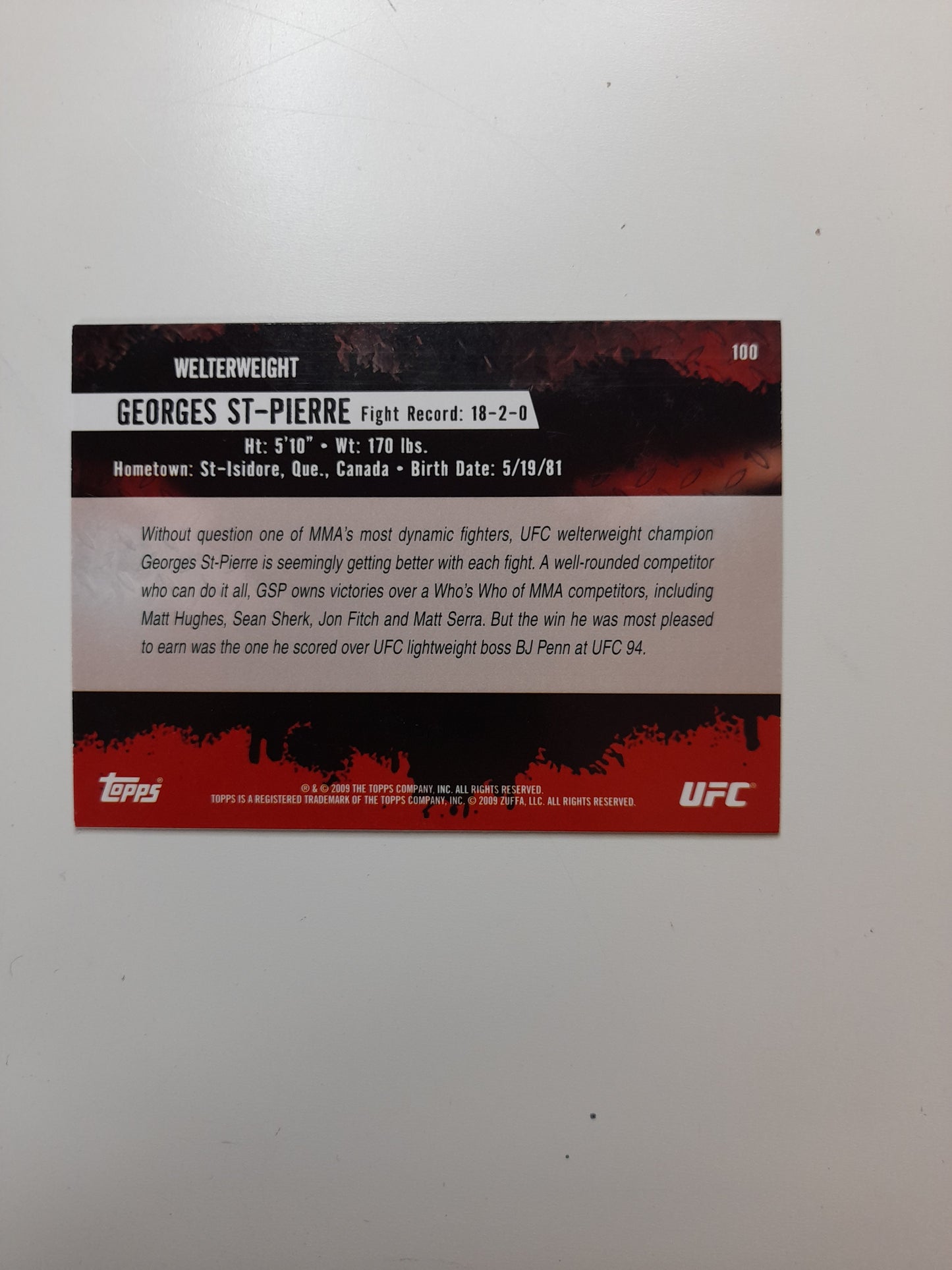 Georges "GSP" St-Pierre - Official Trading Card - #100 - Topps UFC Round 2 (2009)