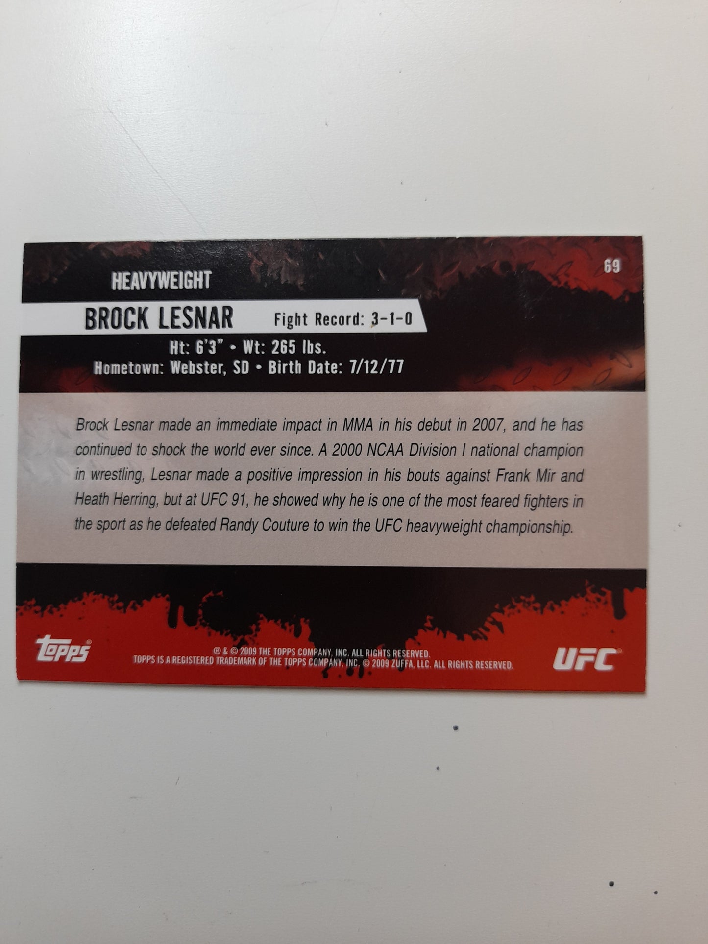 Brock Lesnar - Official Trading Card - #69 - Topps UFC Round 2 (2009)