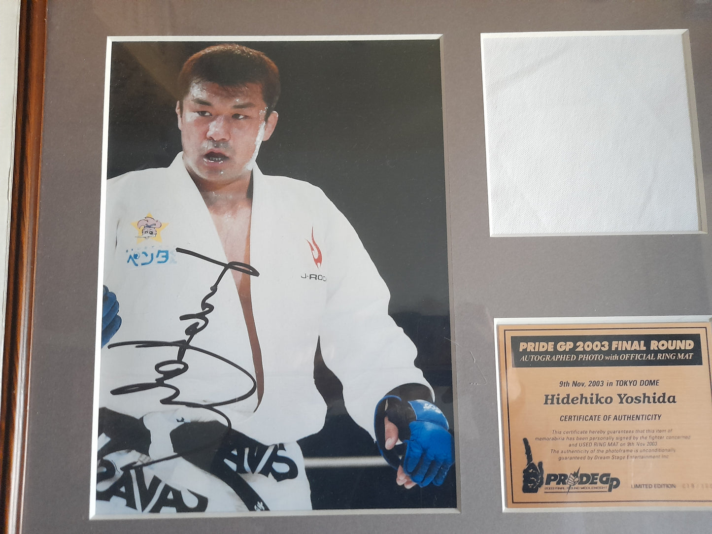 Pride FC 2003 GP Framed Limited Edition /100 Used Ring Mat Piece & Signed Photo Plaque - Hidehiko Yoshida