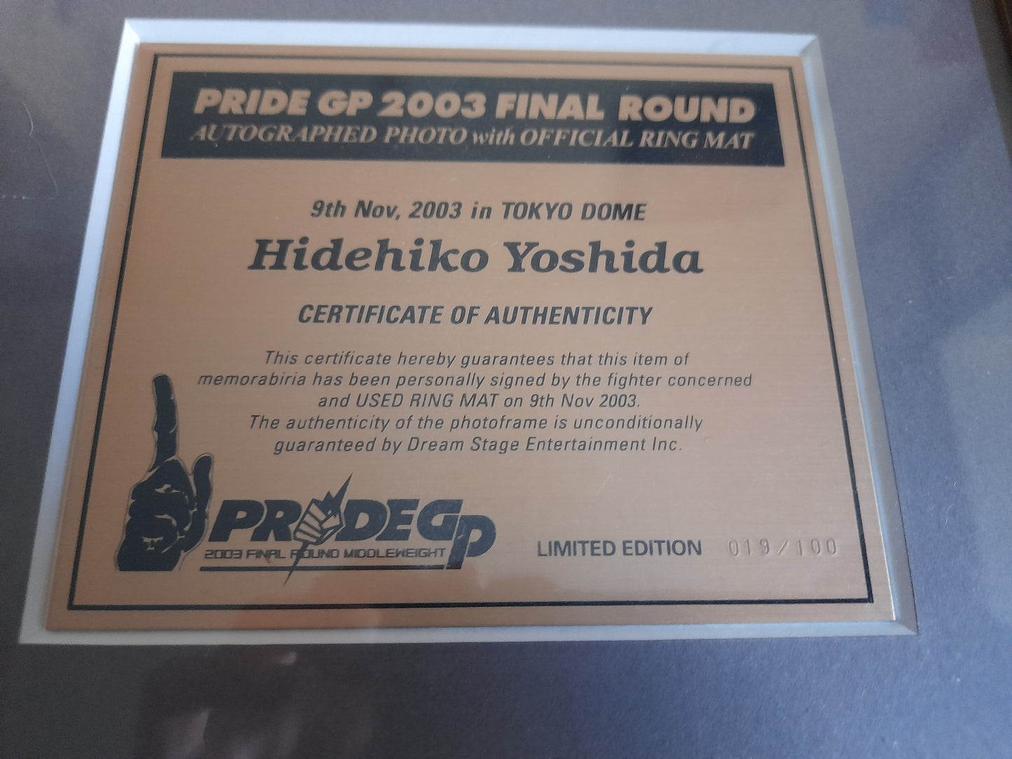 Pride FC 2003 GP Framed Limited Edition /100 Used Ring Mat Piece & Signed Photo Plaque - Hidehiko Yoshida