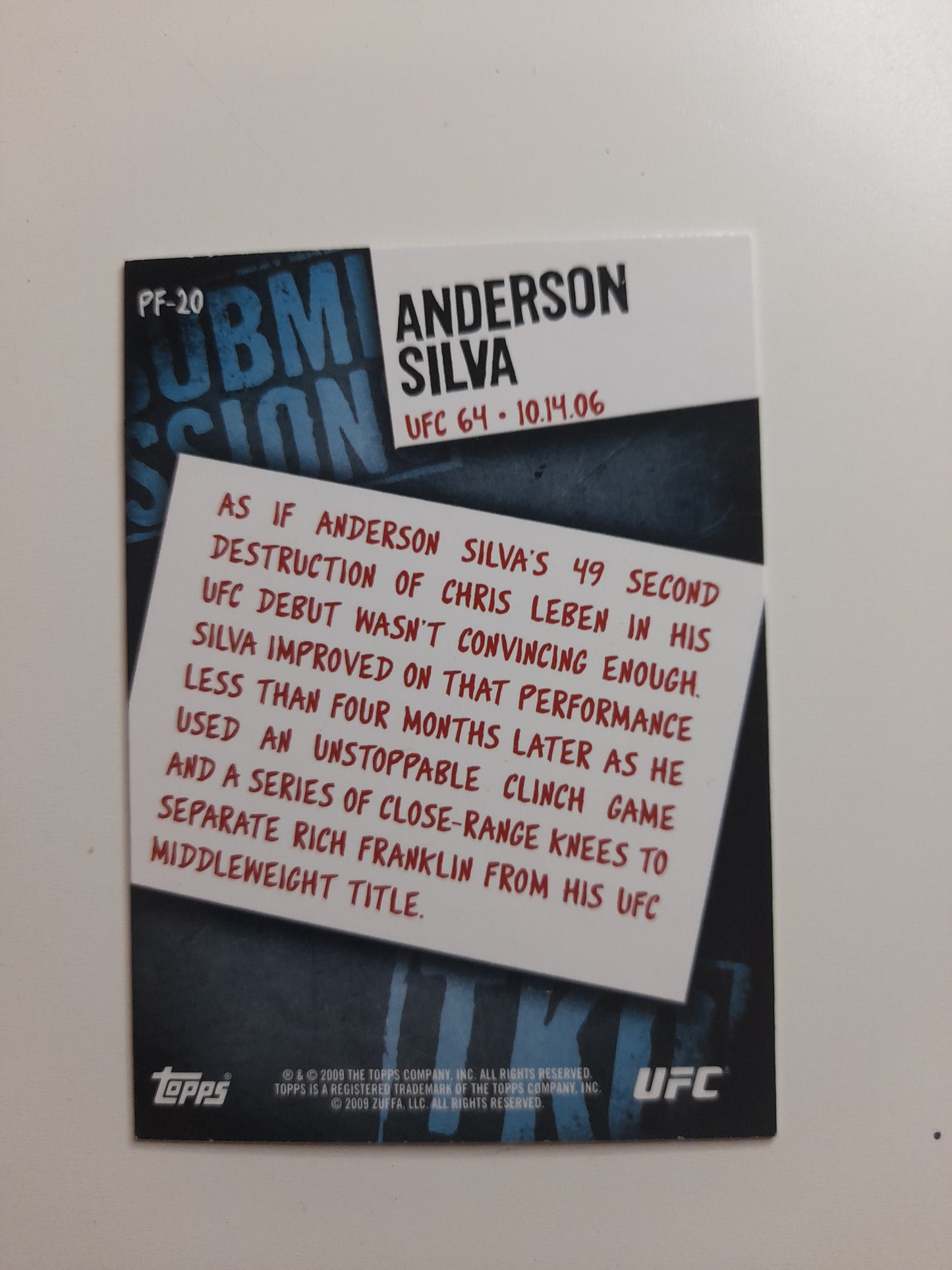 Anderson "The Spider" Silva - Official Trading Card - #PF-20 - Topps UFC Round2 Photo Finish (2009)