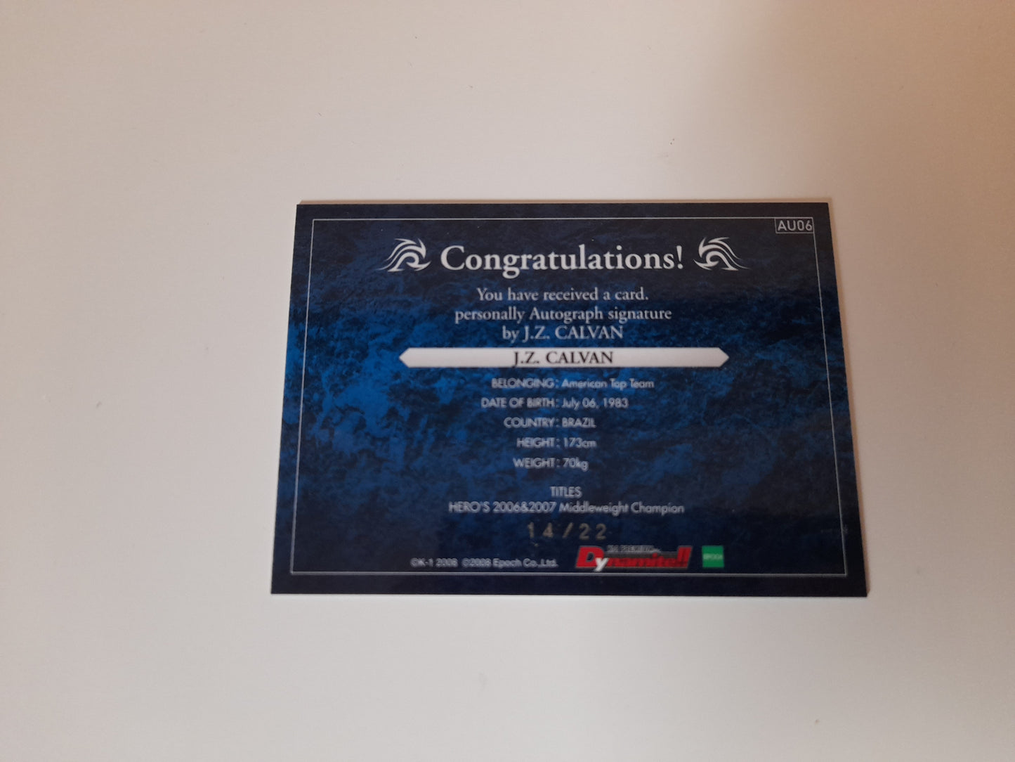 2008 Epoch K-1 Premium Dynamite Trading Card - Gesias "JZ" Calvan (Cavalcante) Autograph Card - #AU06 - 14/22