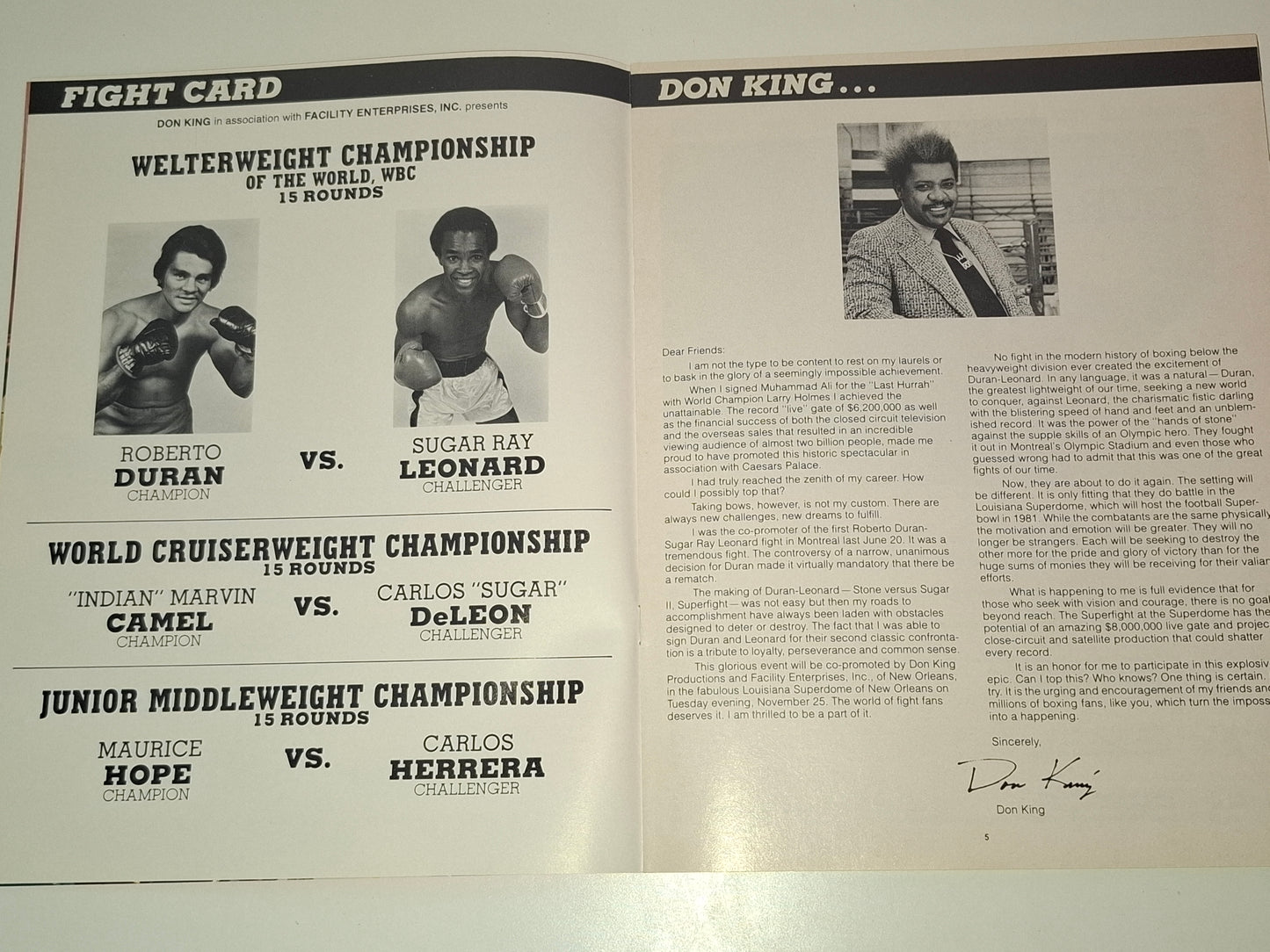 Roberto Duran Vs Sugar Ray Leonard 2 - Official Boxing Event Program (1980) [AUTOGRAPHED]