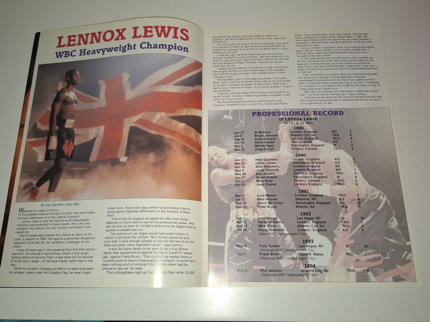 Lennox Lewis Vs Oliver McCall - Official Boxing Event Program (1994)