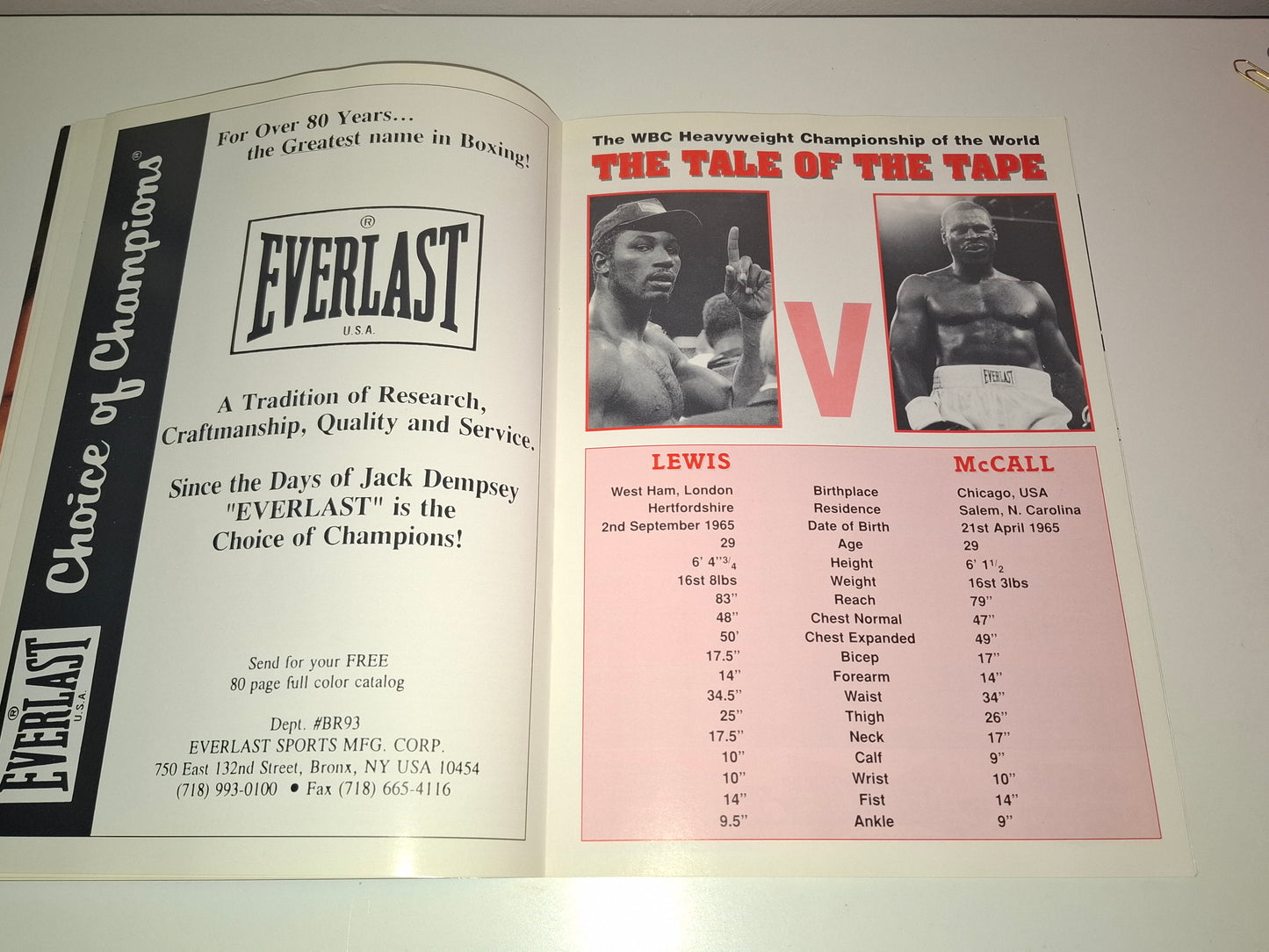 Lennox Lewis Vs Oliver McCall - Official Boxing Event Program (1994)