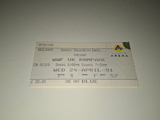 WWF Wrestling - Rampage European Tour 91 - Official Event Ticket (1991)
