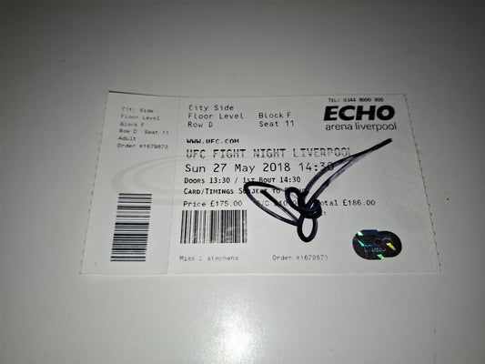 UFC Fight Night 130 (UK) - Thompson Vs Till - Official Event Ticket (2018) [AUTOGRAPHED]