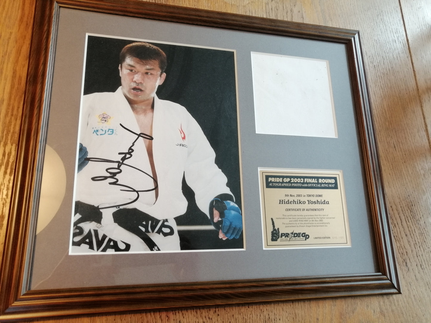 Pride FC 2003 GP Framed Limited Edition /100 Used Ring Mat Piece & Signed Photo Plaque - Hidehiko Yoshida