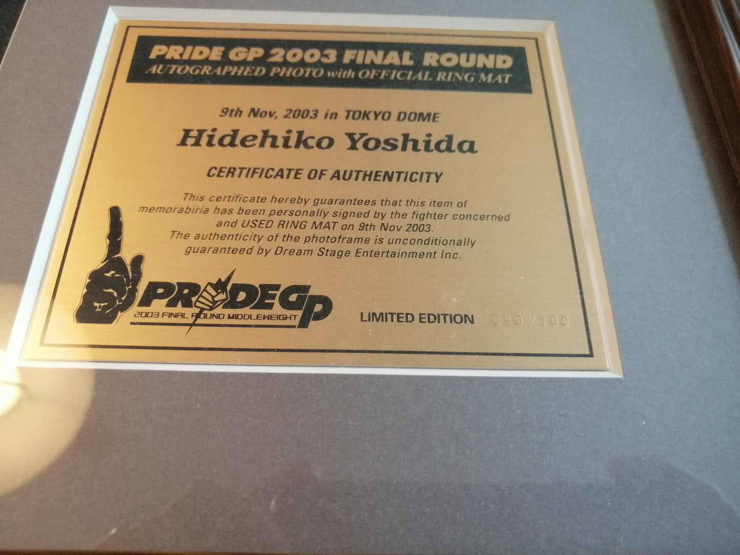 Pride FC 2003 GP Framed Limited Edition /100 Used Ring Mat Piece & Signed Photo Plaque - Hidehiko Yoshida